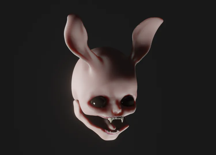 3d sculpture of creepy cartoon, featherless chicken kind of body, big ears and visible teeth, giant black eyes